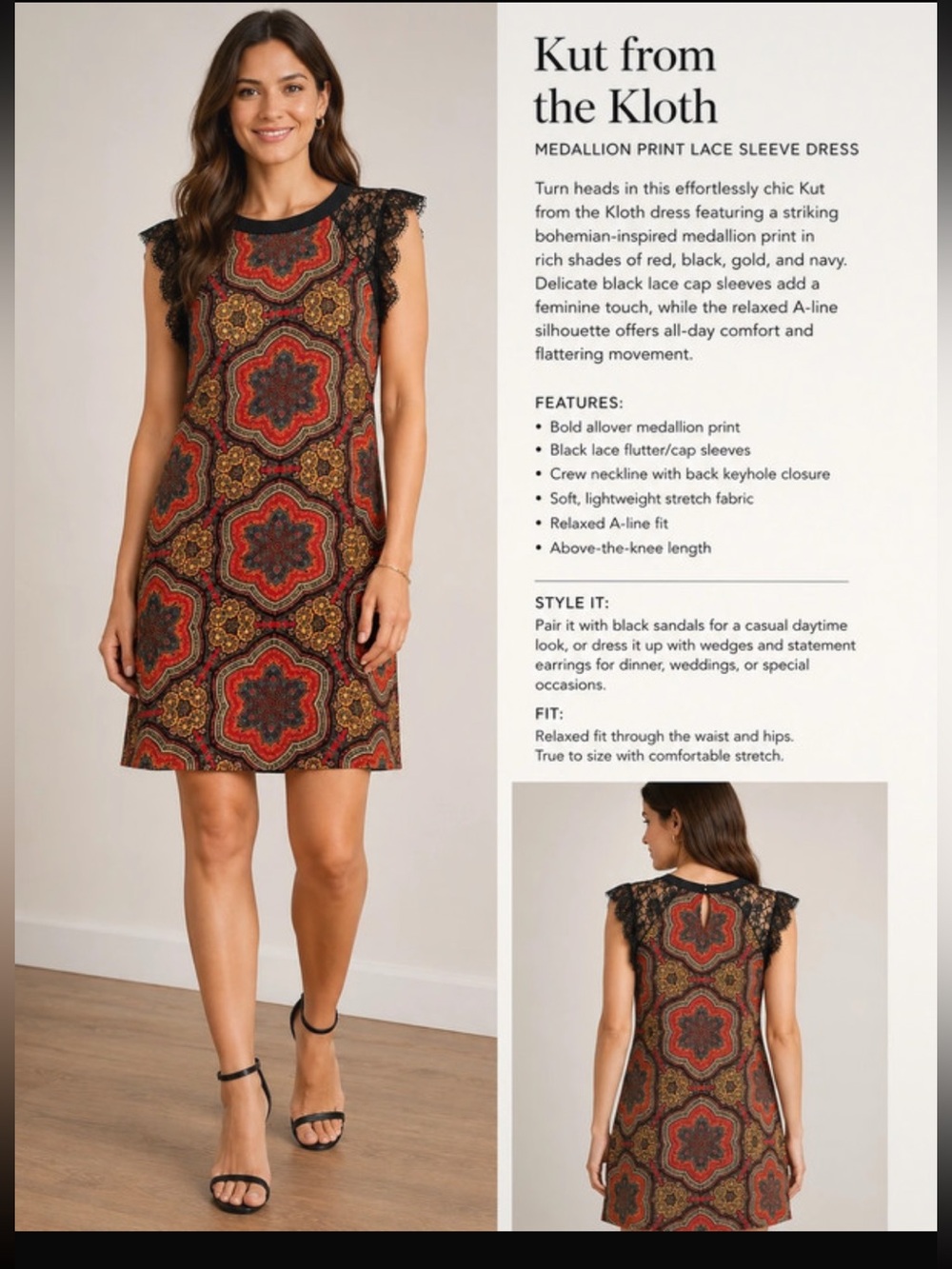 Kut from the Kloth Black, Red and Gold Medallion Lace-Cap Sleeve Mini Dress